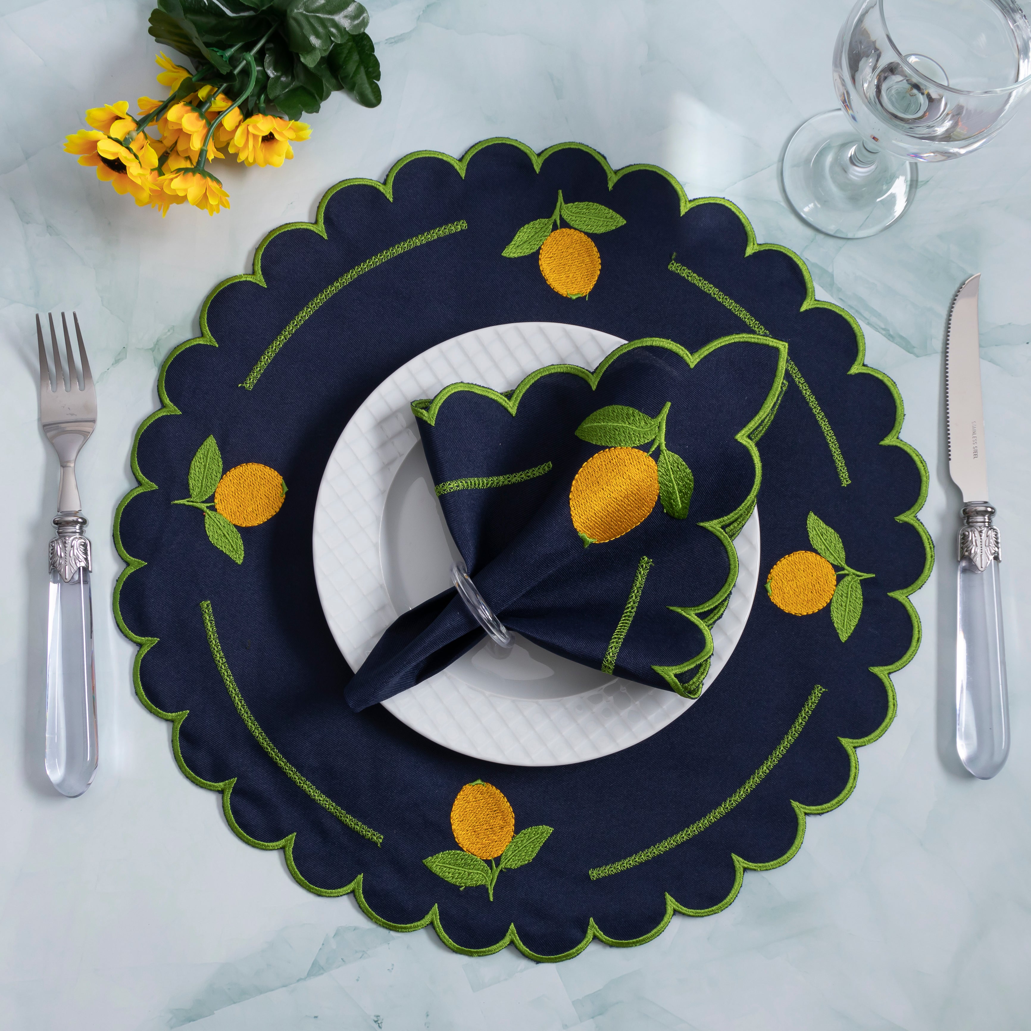 Jogo Americano Limão Siciliano | Marinho | Kit 12 Pçs 6 Lugares