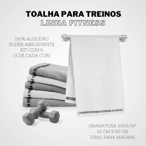 Kit 6 Toalhas Fitness SportFlex Grafite & Branco