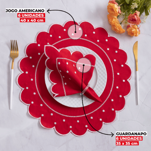 Jogo Americano Poá | Vermelho | Kit 12 Pçs 6 Lugares