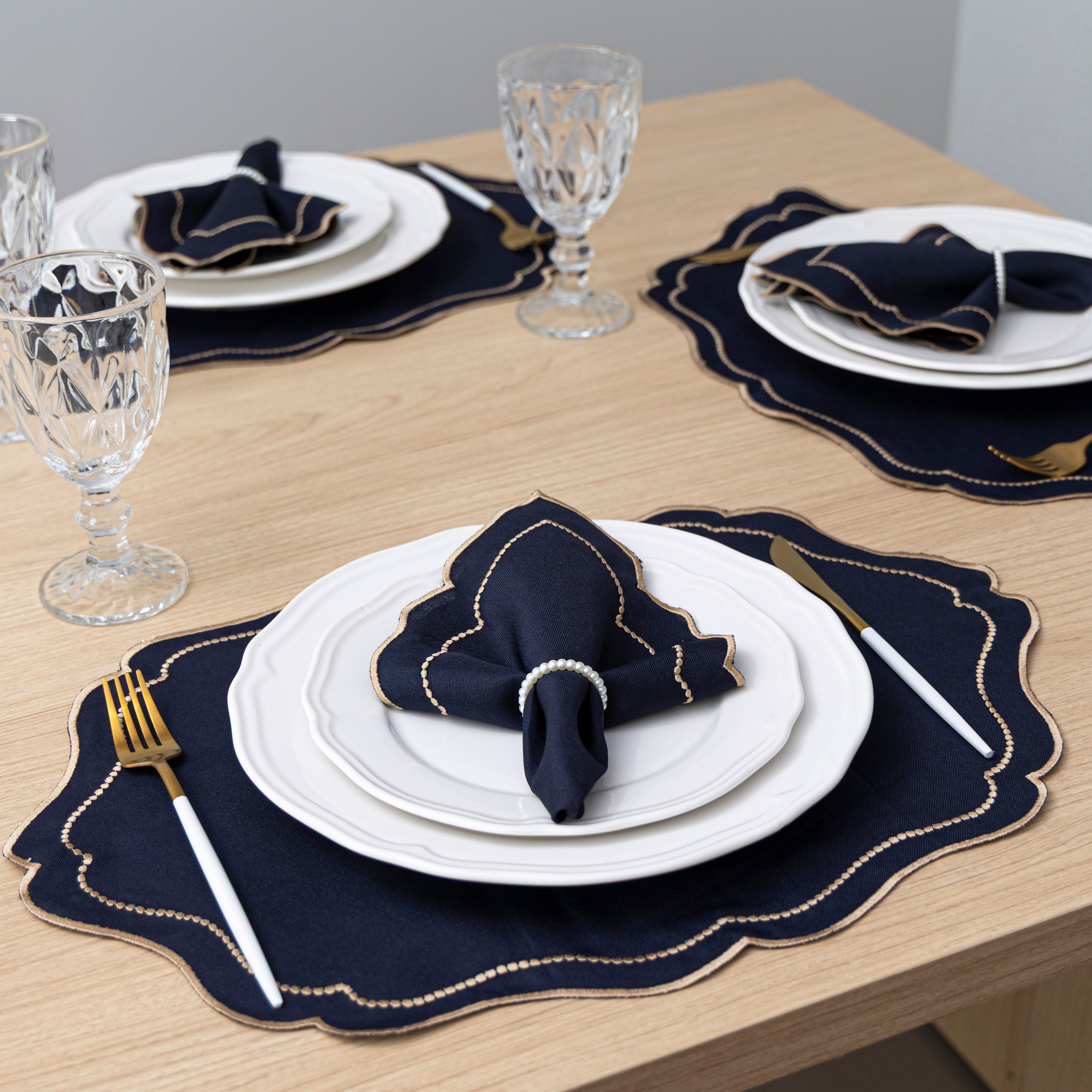 Jogo Americano Bordado Royale | Marinho | Kit 12 Pçs | 6 Lugares