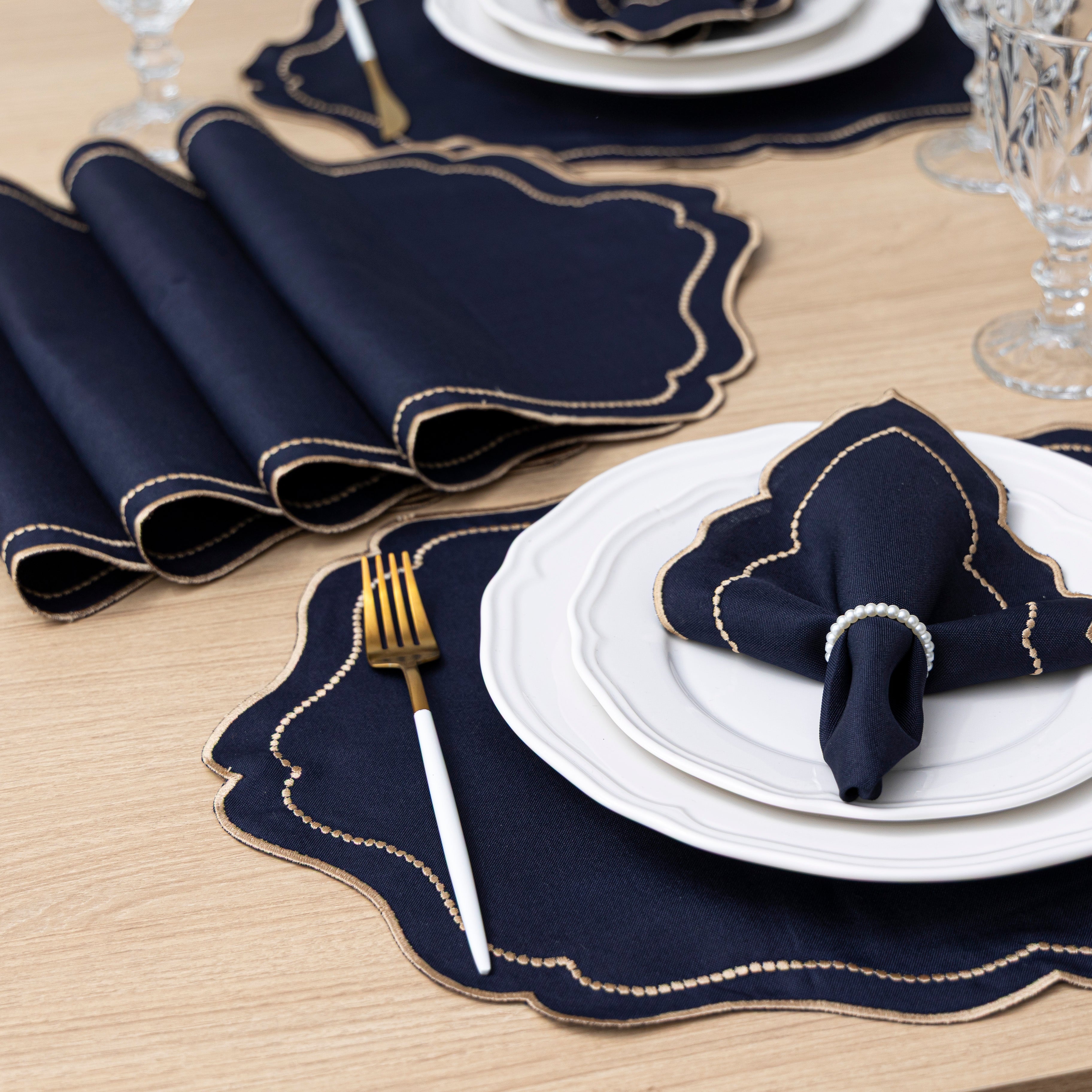 Jogo Americano Bordado Royale | Marinho | Kit 12 Pçs | 6 Lugares