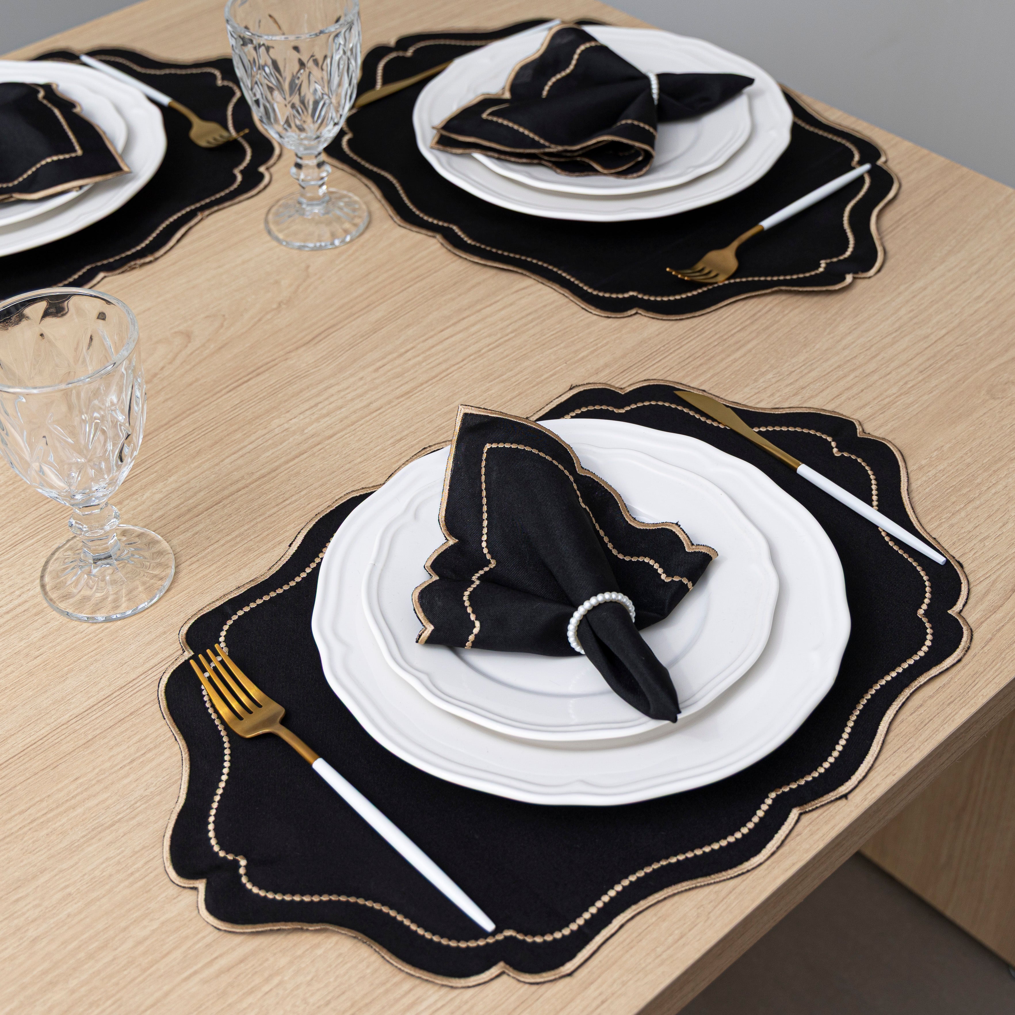 Jogo Americano Bordado Royale | Preto | Kit 12 Pçs | 6 Lugares