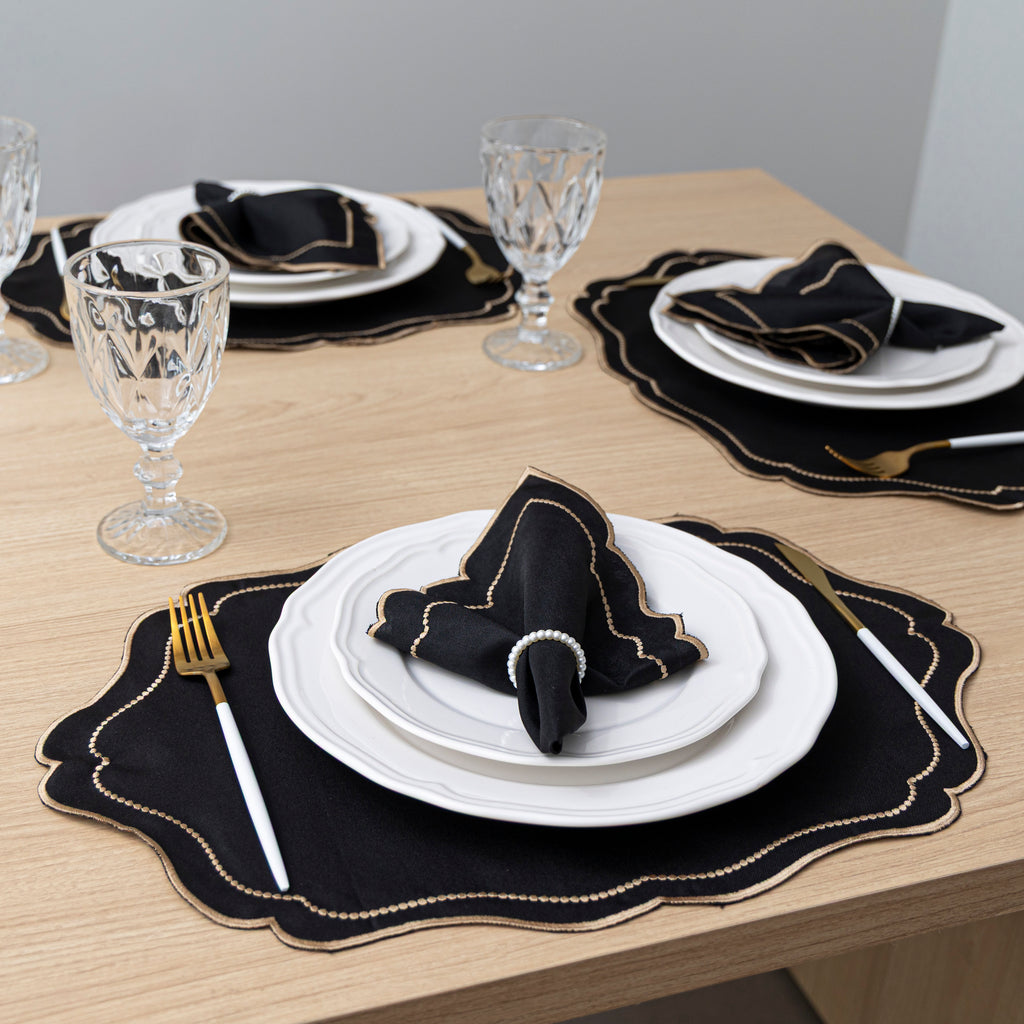 Jogo Americano Bordado Royale | Preto | Kit 12 Pçs | 6 Lugares