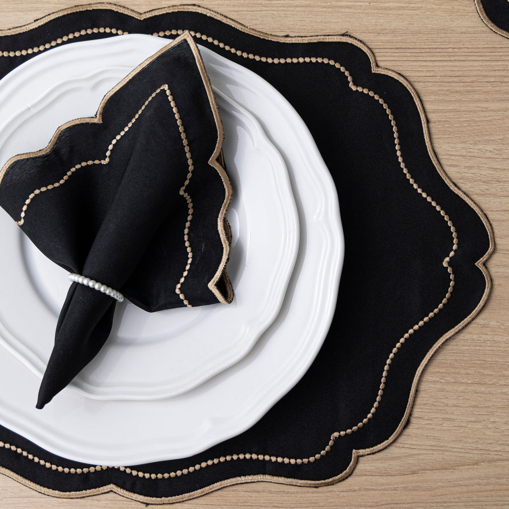 Jogo Americano Bordado Royale | Preto | Kit 12 Pçs | 6 Lugares