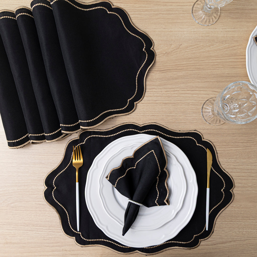 Jogo Americano Bordado Royale | Preto | Kit 12 Pçs | 6 Lugares