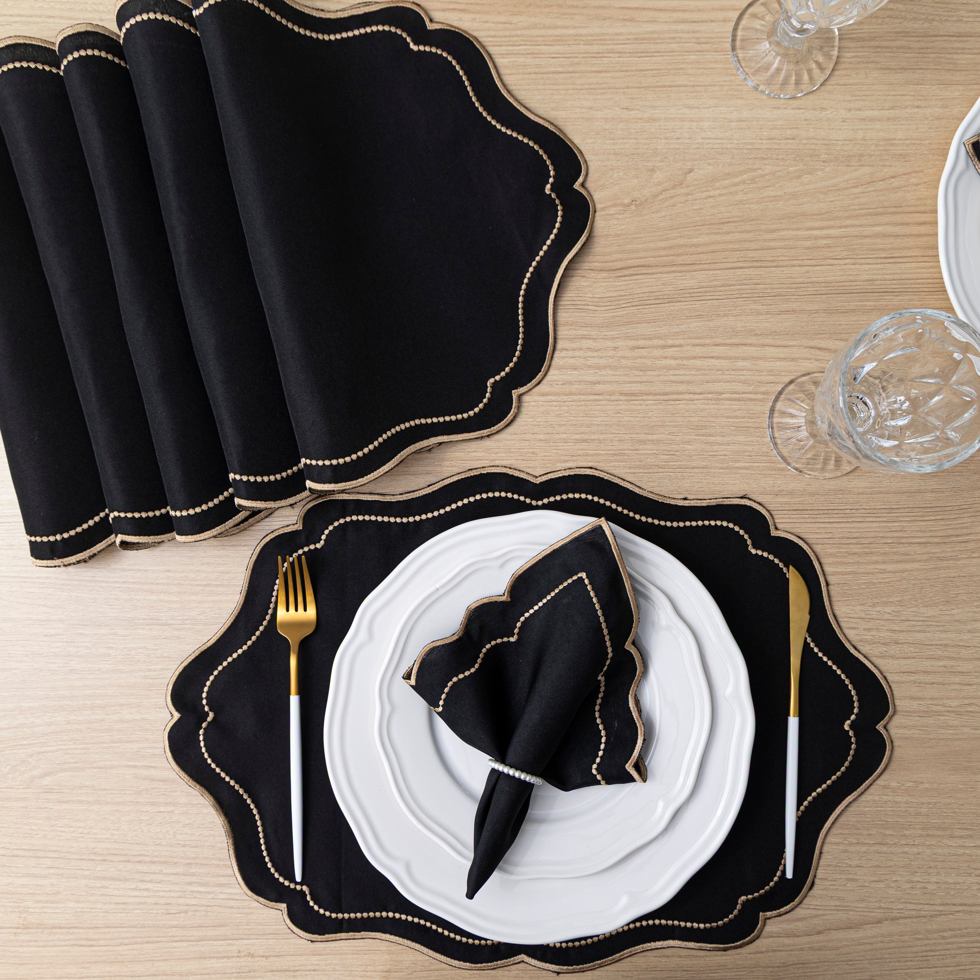 Jogo Americano Bordado Royale | Preto | Kit 12 Pçs | 6 Lugares