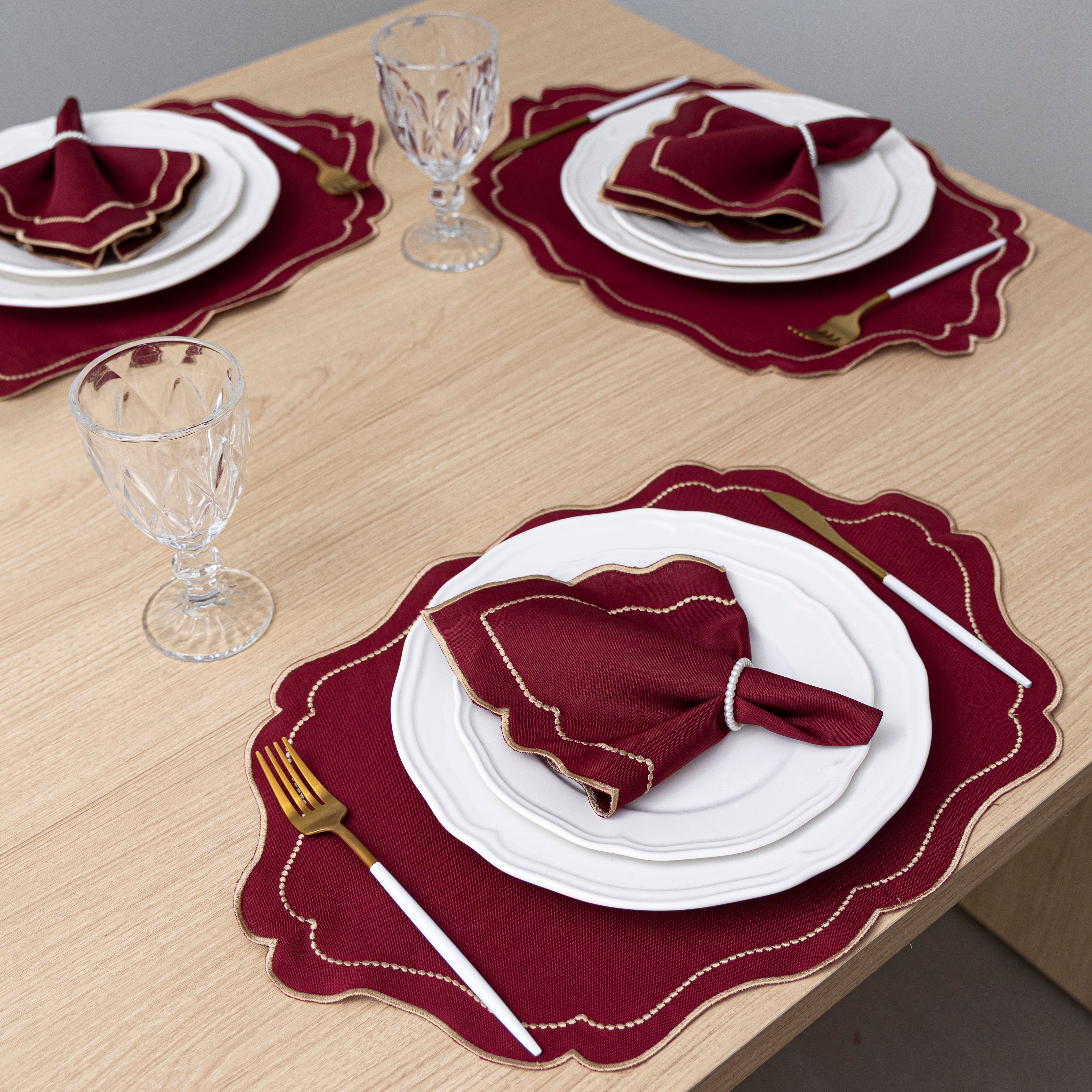 Jogo Americano Bordado Royale | Bordô | Kit 12 Pçs | 6 Lugares