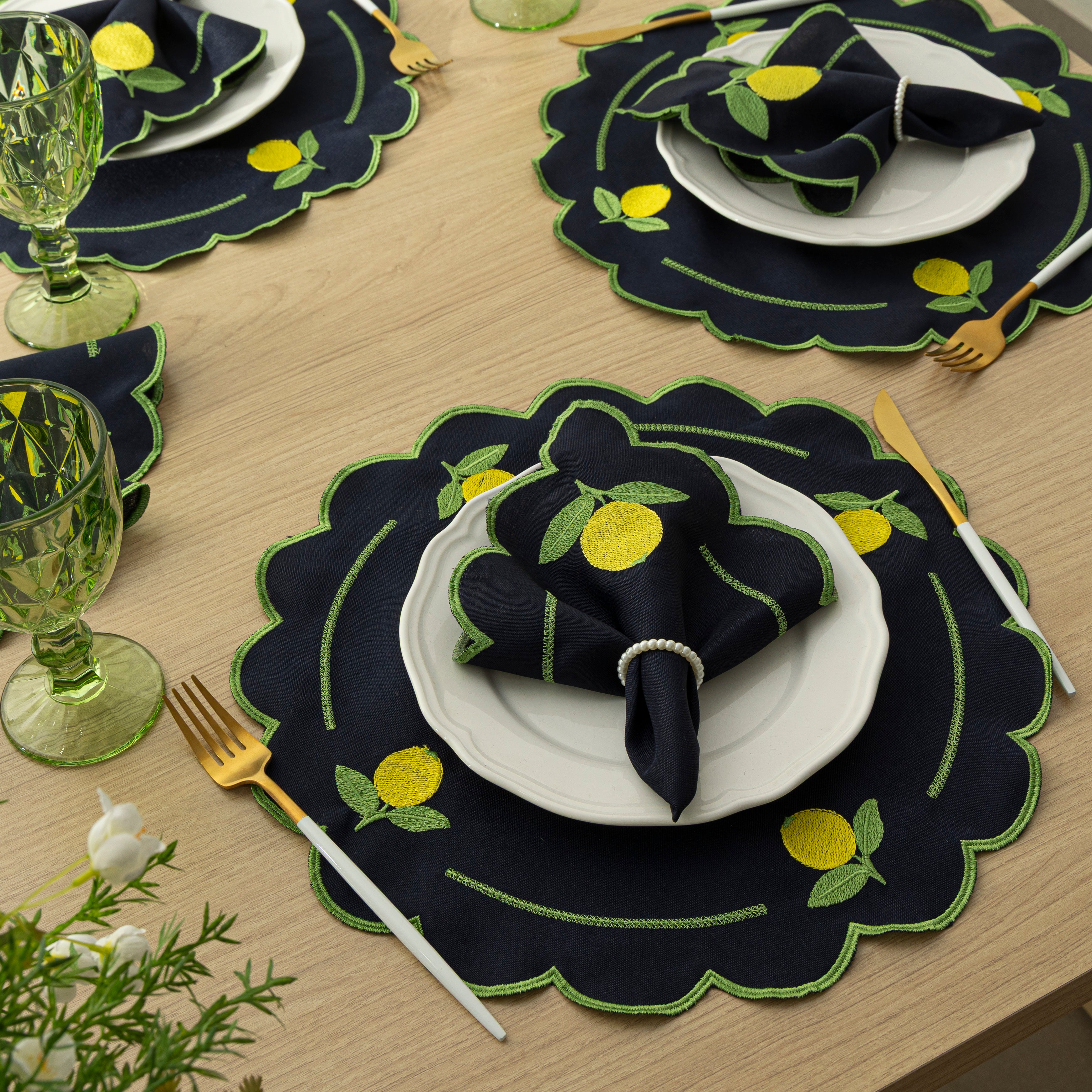 Jogo Americano Limão Siciliano | Marinho | Kit 12 Pçs 6 Lugares