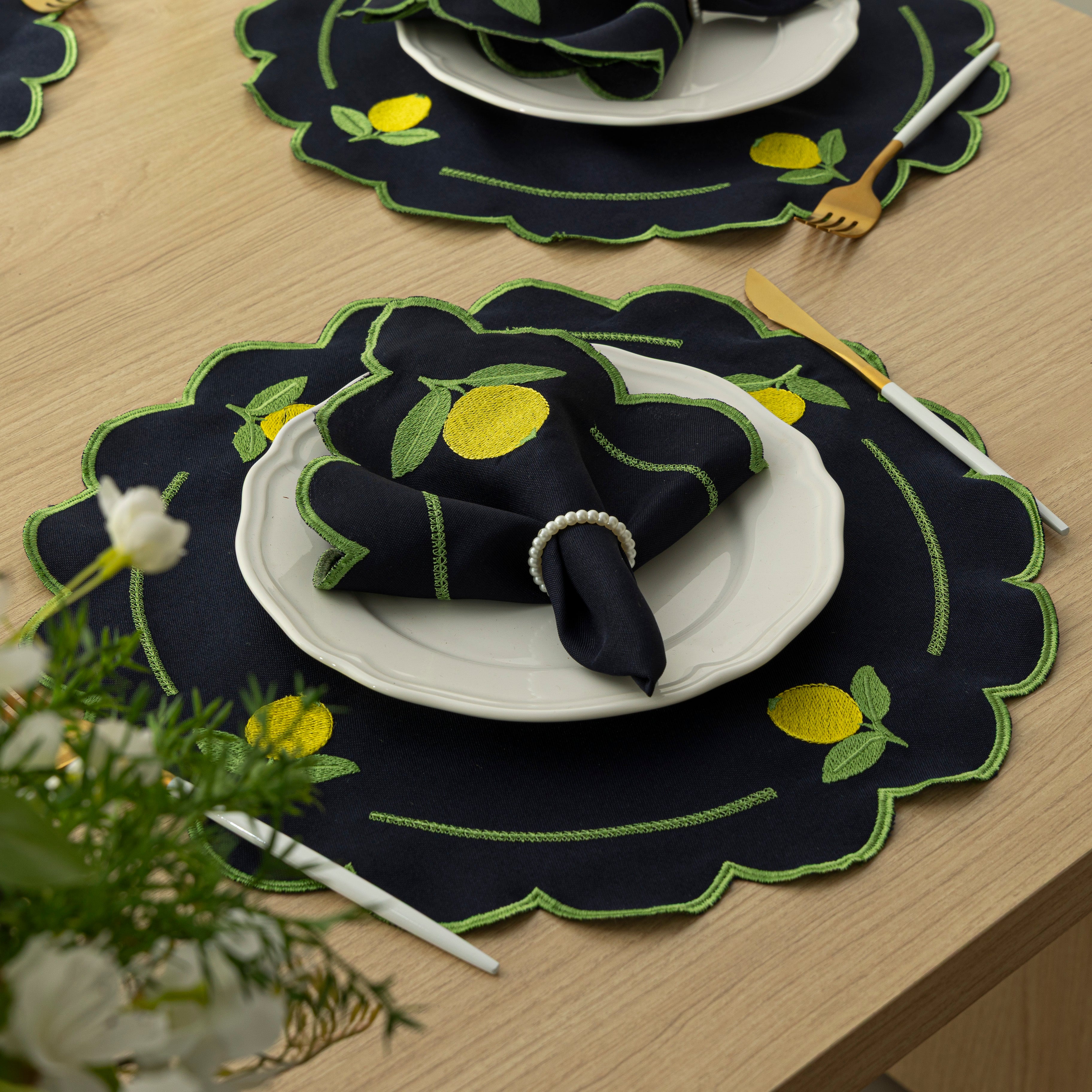 Jogo Americano Limão Siciliano | Marinho | Kit 12 Pçs 6 Lugares