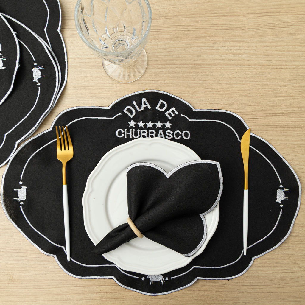 Jogo Americano Churras | Preto | Kit 12 Pçs 6 Lugares