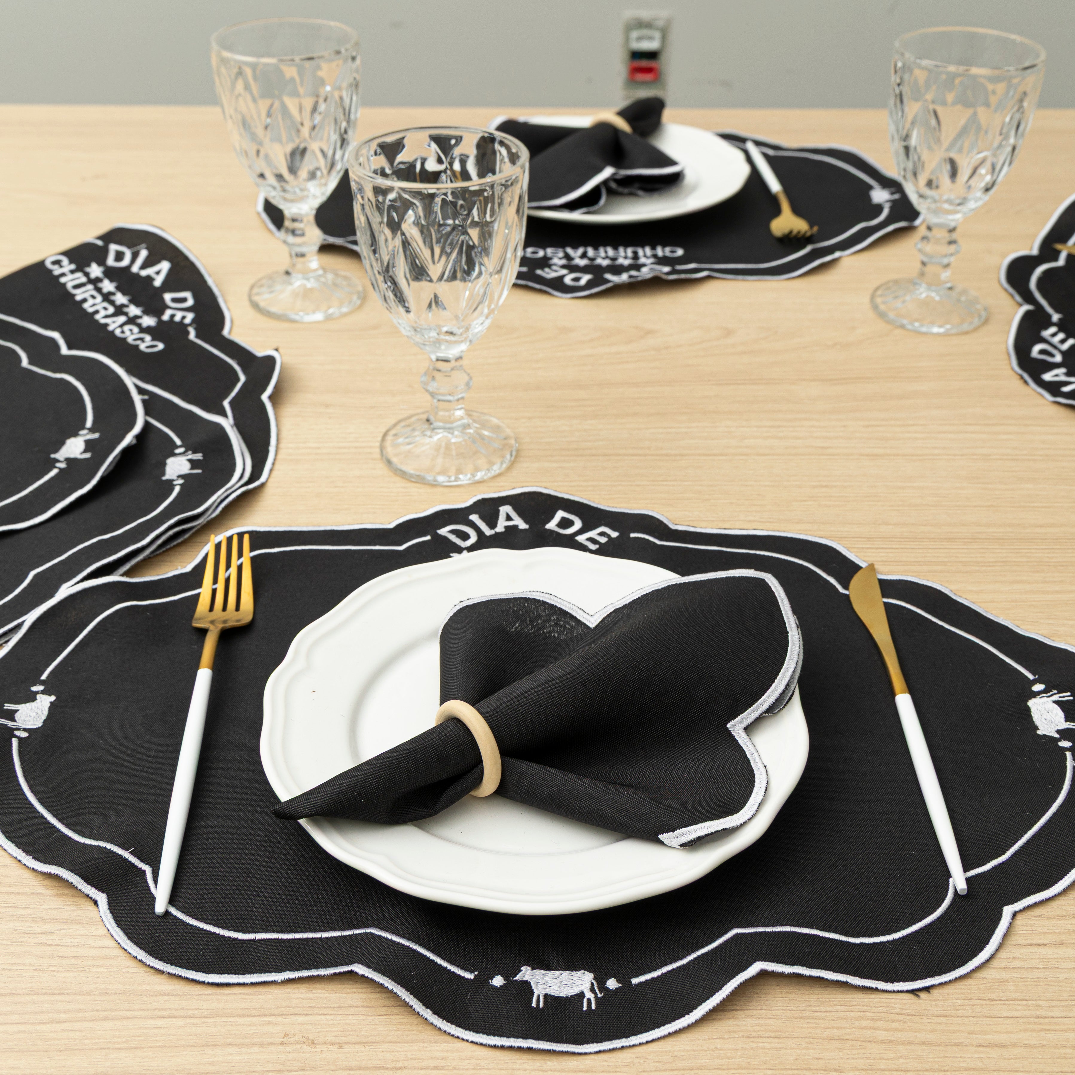 Jogo Americano Churras | Preto | Kit 12 Pçs 6 Lugares