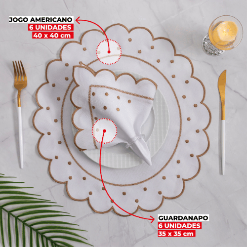 Jogo Americano Poá | Marfim | Kit 12 Pçs 6 Lugares