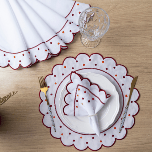 Jogo Americano Poá | Bordô | Kit 12 Pçs 6 Lugares