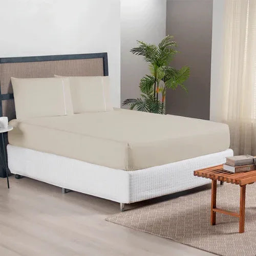 Jogo de Lençol 3 Pçs com elástico Ponto Palito | 300 Fios | Casal Queen | Cáqui - Linhas & Lares