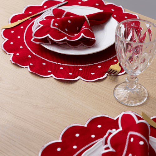 Jogo Americano Poá | Vermelho | Kit 12 Pçs 6 Lugares