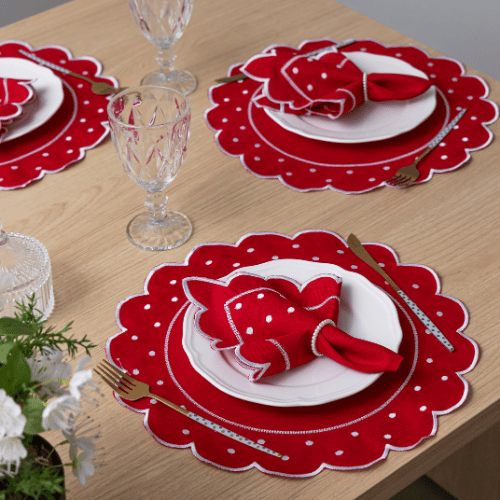 Jogo Americano Poá | Vermelho | Kit 12 Pçs 6 Lugares